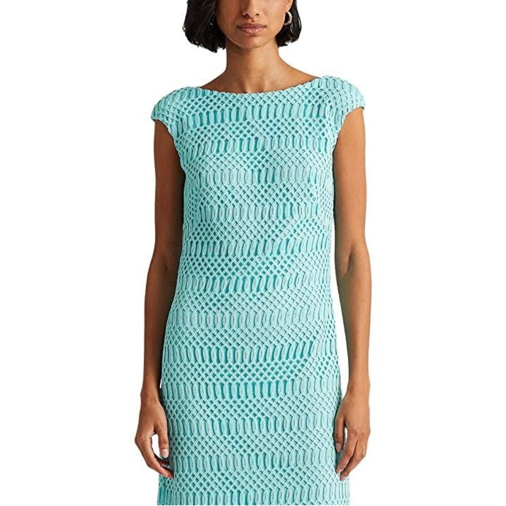 RALPH LAUREN LATTICE LACE CAP SLEEVE Blue Teal special occasion Sheath Dress NWT